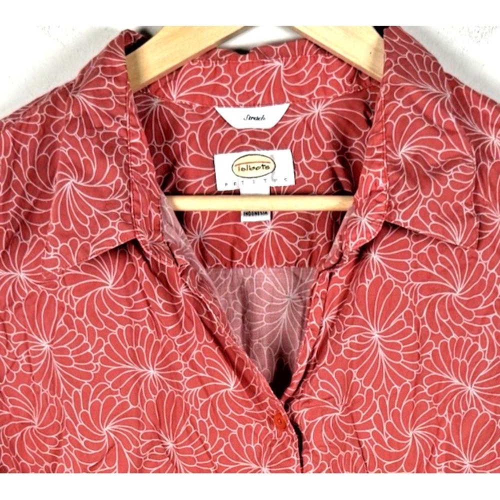 Talbots Petites Shirt‎ XL Long Sleeve Button Down Coral Swirl Stretch Office